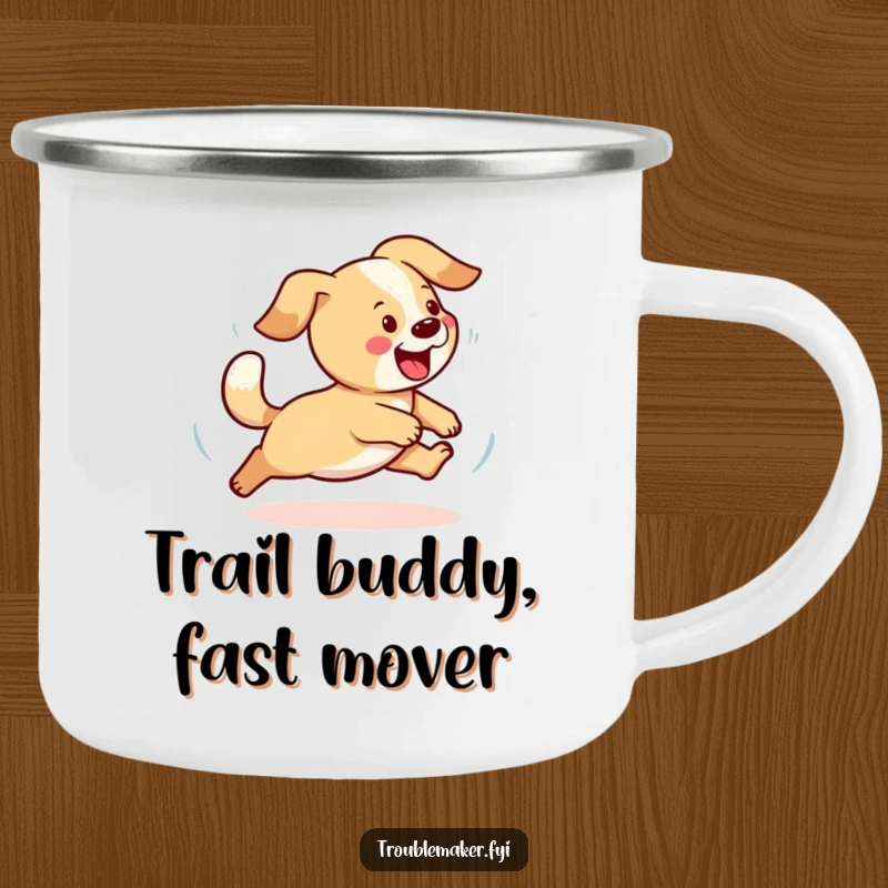 Funny dog camping mug with a playful dog chasing its tail, ideal for outdoor use and humorous travel.