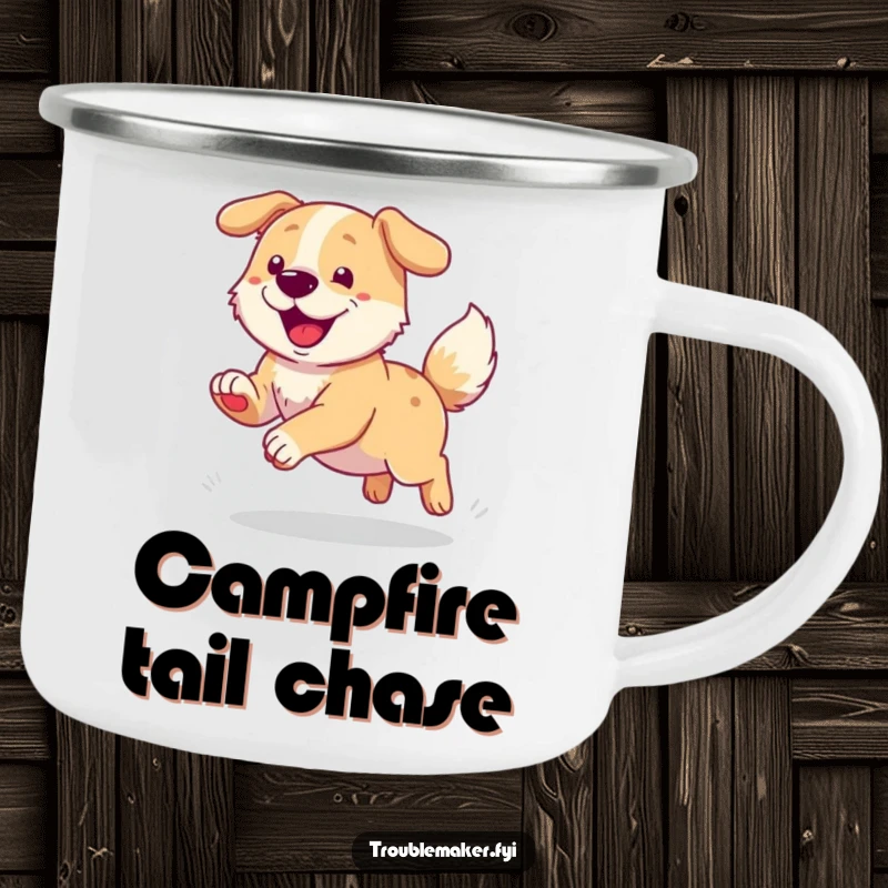 Funny camping mug featuring a dog joyfully chasing its tail, designed for outdoor enjoyment and happy dog vibes.
