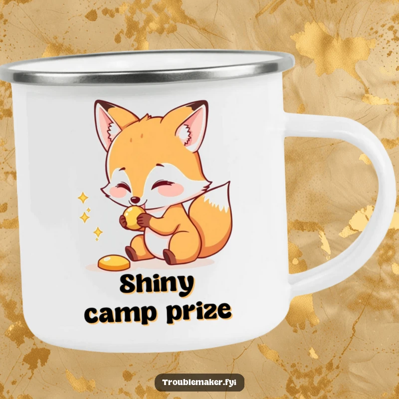 Funny camping mug with a sly fox playfully snatching a shiny object, ready for outdoor humor and adventures.