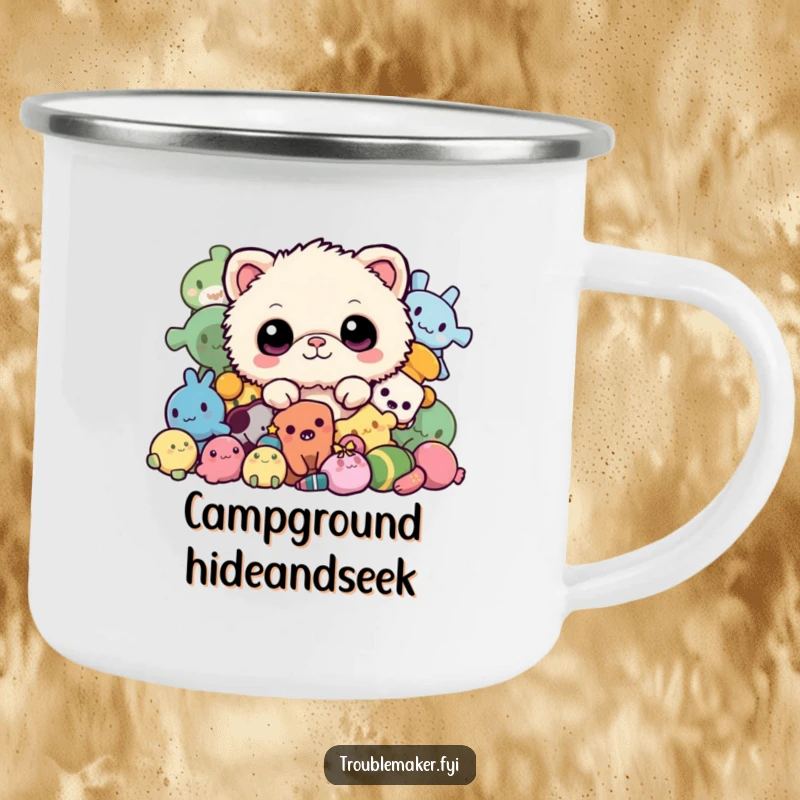 Funny camping mug featuring a fuzzy creature peeking from a pile of toys, perfect for enjoying drinks outdoors with a touch of adorable charm.