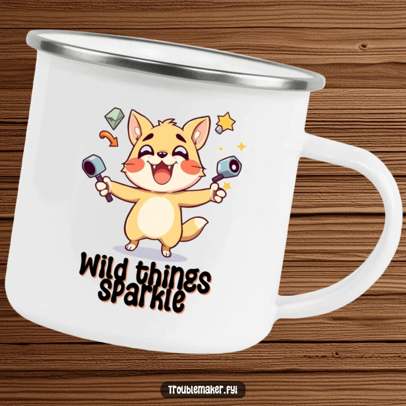 Funny Camping Mug with a mischievous animal character juggling shiny objects, ideal for outdoor enthusiasts who love humor.