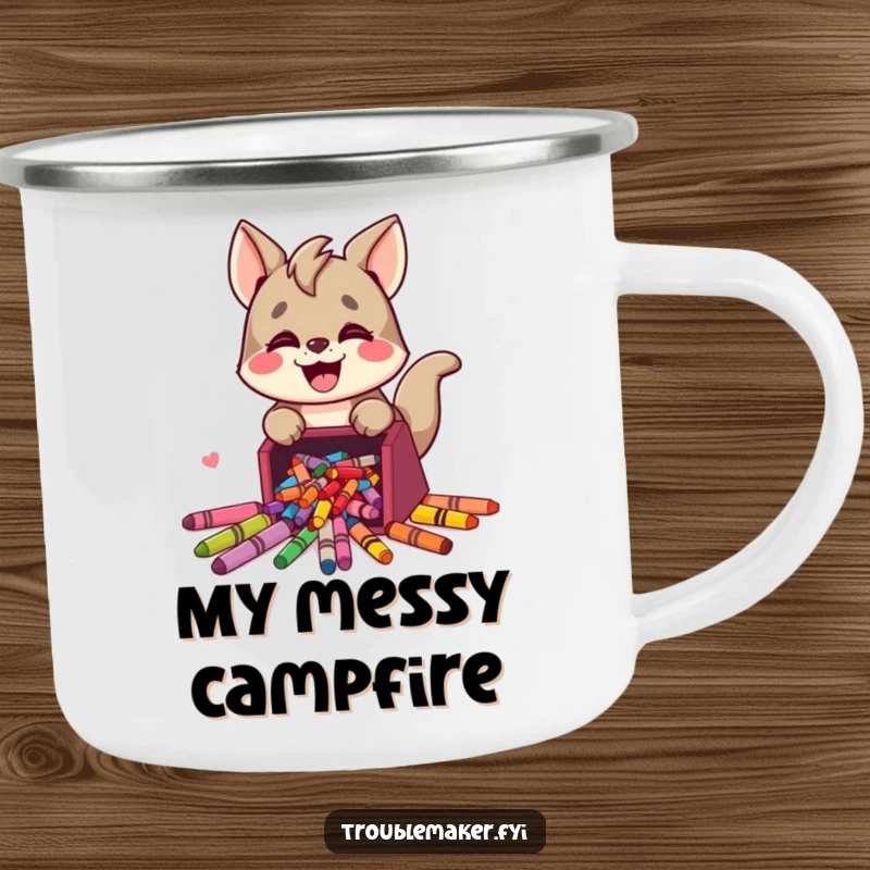 Funny camping mug with a cute trouble maker animal character joyfully spilling colorful crayons, blending outdoor fun with art humor.