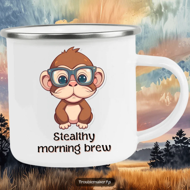 Funny Monkey Camping Mug showing a primate in oversized glasses and a fake mustache, enjoying the outdoors with humor, great funny gift.