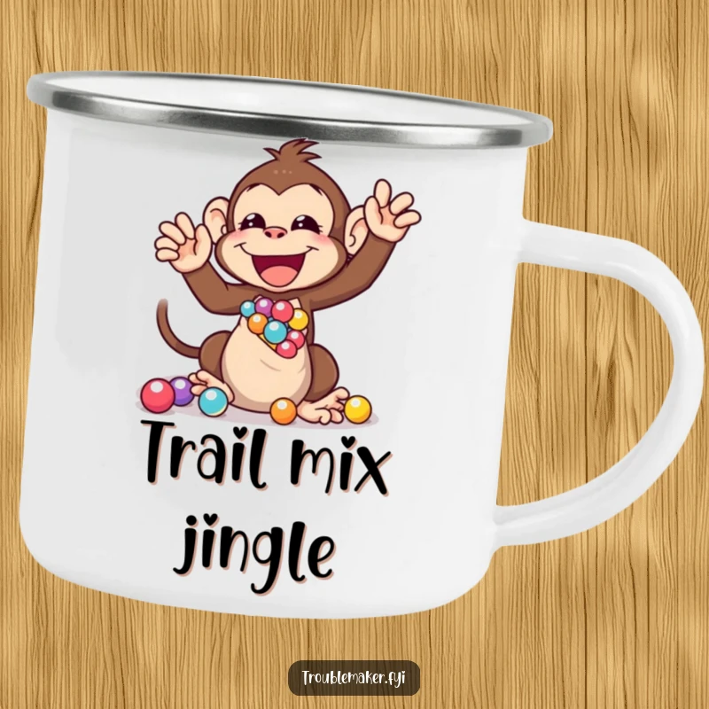 Funny camping mug showing a monkey gleefully shaking a bag of marbles, perfect for outdoor enjoyment and adding humor to trips.