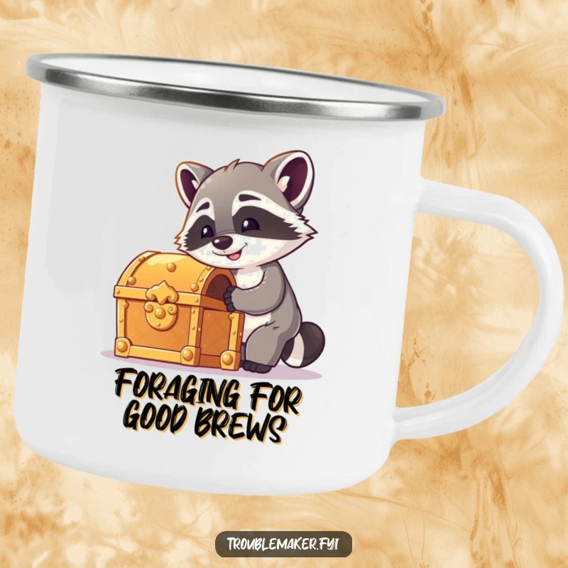 Funny raccoon camping mug with a cheeky raccoon picking a treasure chest lock, ideal for outdoor use and humorous travel.