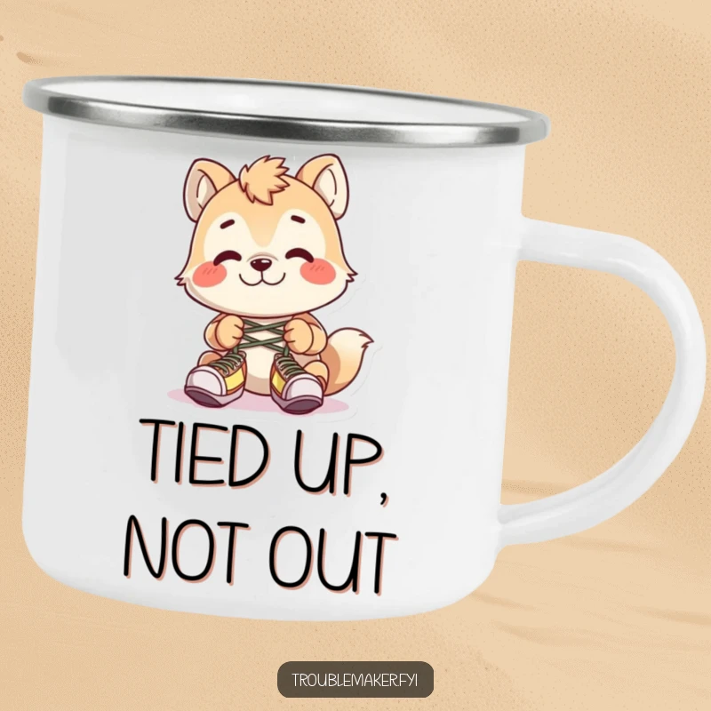 Funny animal character tying shoelaces together with a grin, on a rugged camping mug.