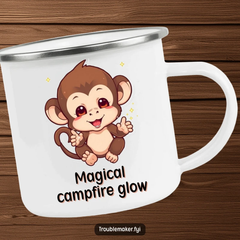 Funny Sparkle Monkey Camping Mug of a mischievous monkey with sparkles falling from its hands, adding magic to the outdoors, great funny gift.