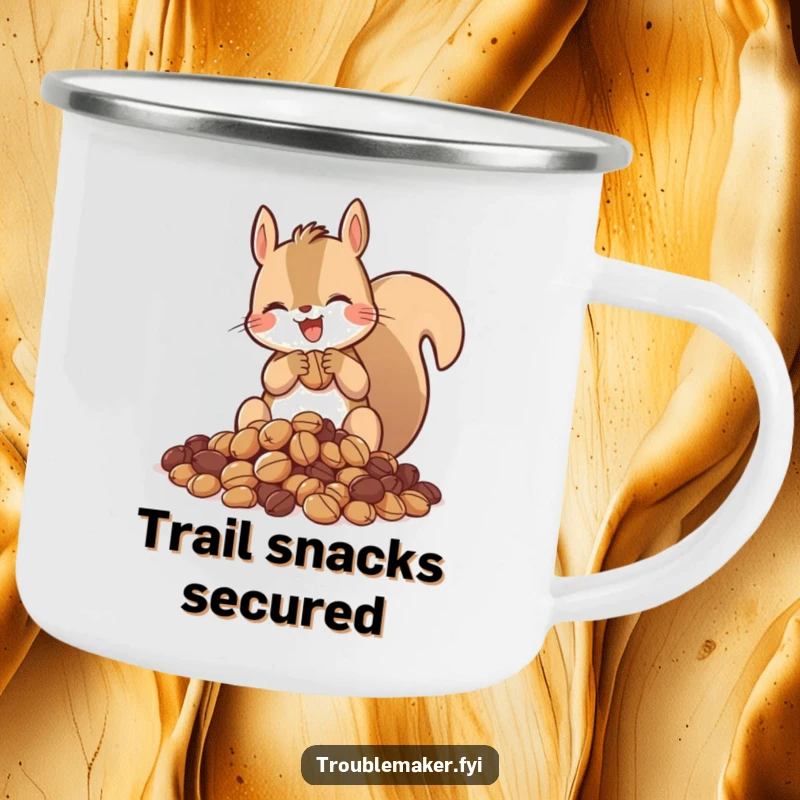 Funny camping mug with a squirrel gleefully hoarding nuts, designed for adventurers and lovers of humorous outdoor gear.