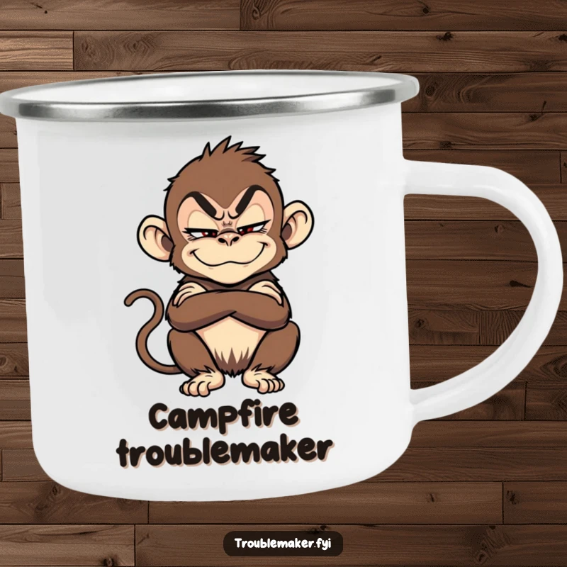 Funny troublemaker monkey with a sly grin and crossed arms on a durable camping mug.