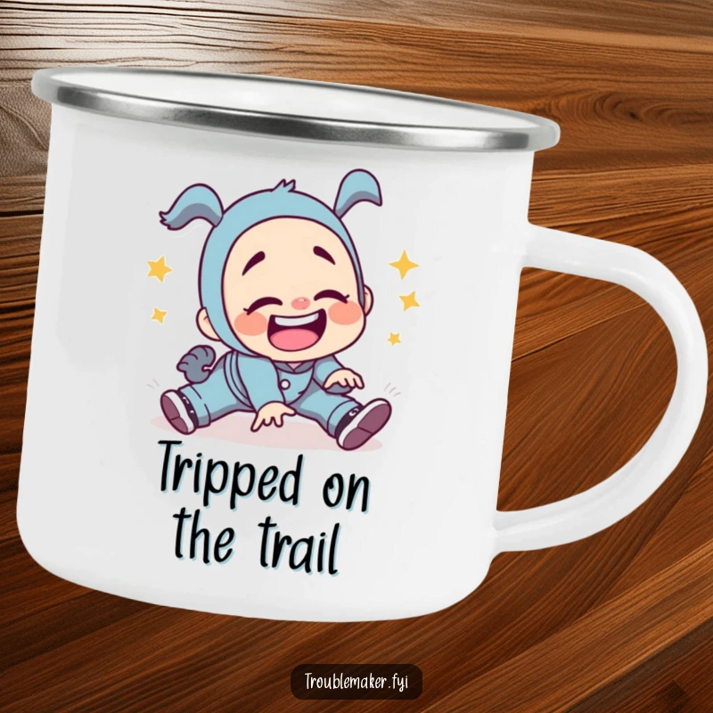 Funny troublemaker character tripping with a silly grin on a durable camping mug, perfect for outdoor adventures and embracing clumsy moments.