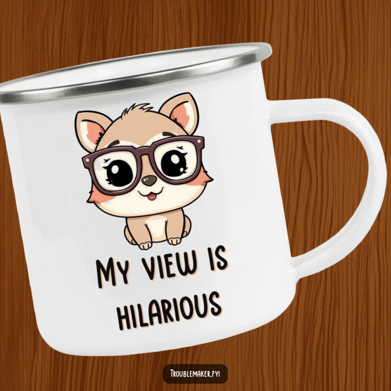 Funny playful animal character wearing oversized glasses and winking, on a rugged camping mug.