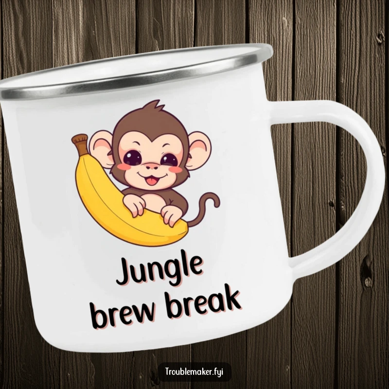 Funny Camping Mug: A cute troublemaker monkey peeks from behind a banana, ready for a snack.