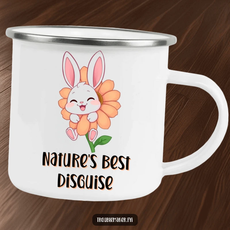Funny camping mug featuring a giggling bunny hiding behind a flower, perfect for outdoor enthusiasts who love humor.