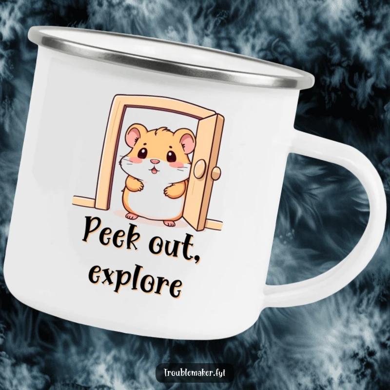 Funny camping mug with a curious hamster character peeking from a small door, perfect for sipping your favorite brew outdoors.