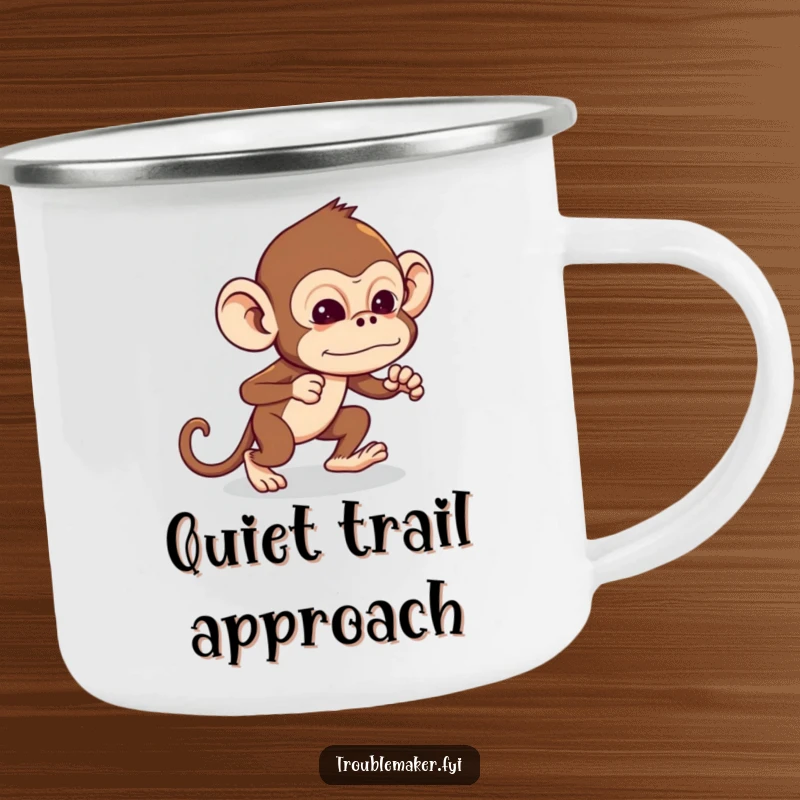 Funny Troublemaker Monkey Camping Mug of a monkey tiptoeing with exaggerated stealth, enjoying the outdoors, great funny gift.
