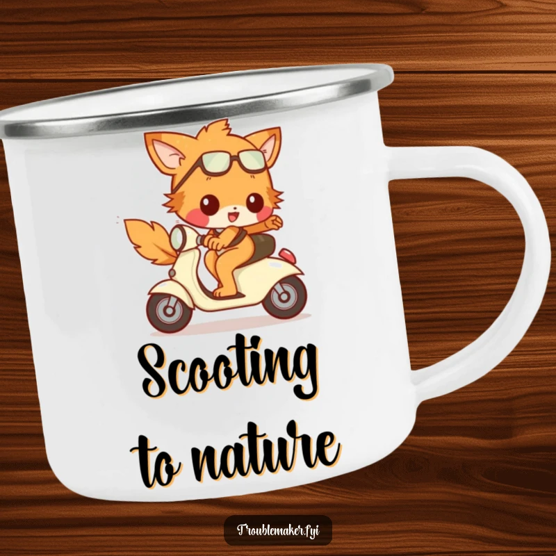Funny Camping Mug with a mischievous animal character joyfully riding a tiny, runaway scooter, ideal for outdoor lovers who enjoy speed.
