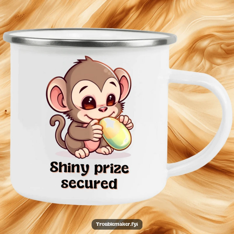 Funny camping mug with a mischievous monkey creature adorably stealing a shiny object, perfect for sipping hot beverages outdoors with a touch of humor.