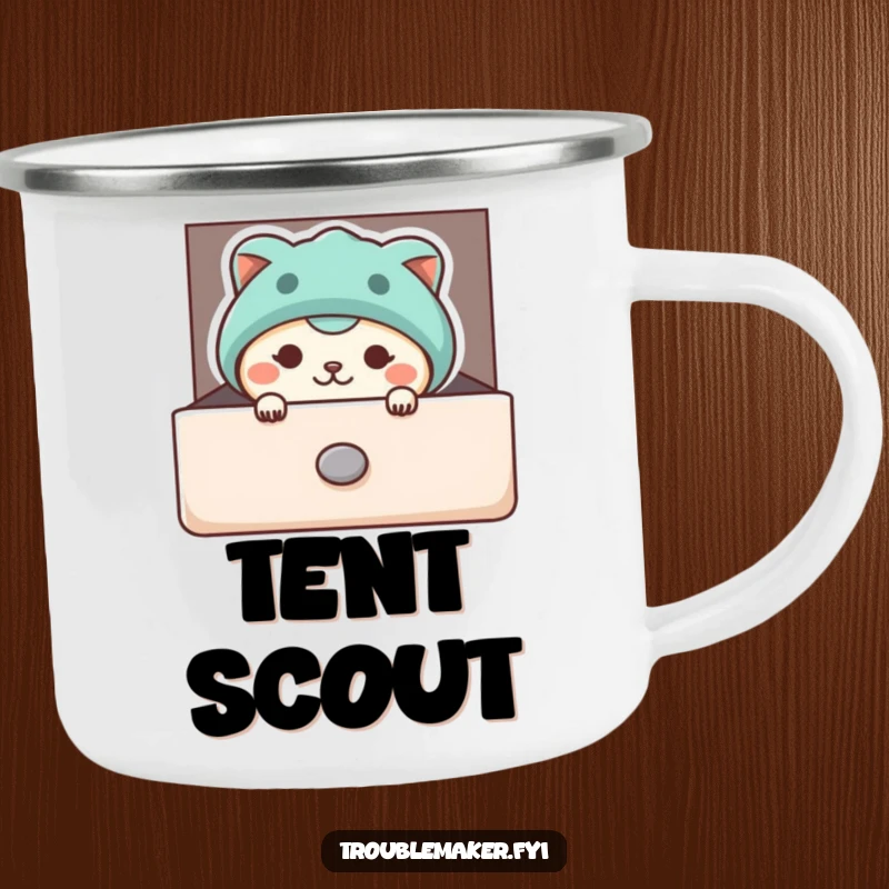 Funny camping mug showing a mischievous animal character peeking from a slightly open drawer, perfect for outdoor enthusiasts with a sense of humor.