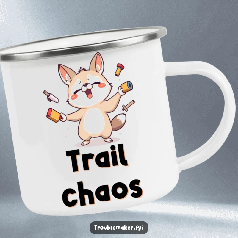 Funny camping mug showing a mischievous animal character comically juggling various outdoor items, perfect for rugged adventurers.