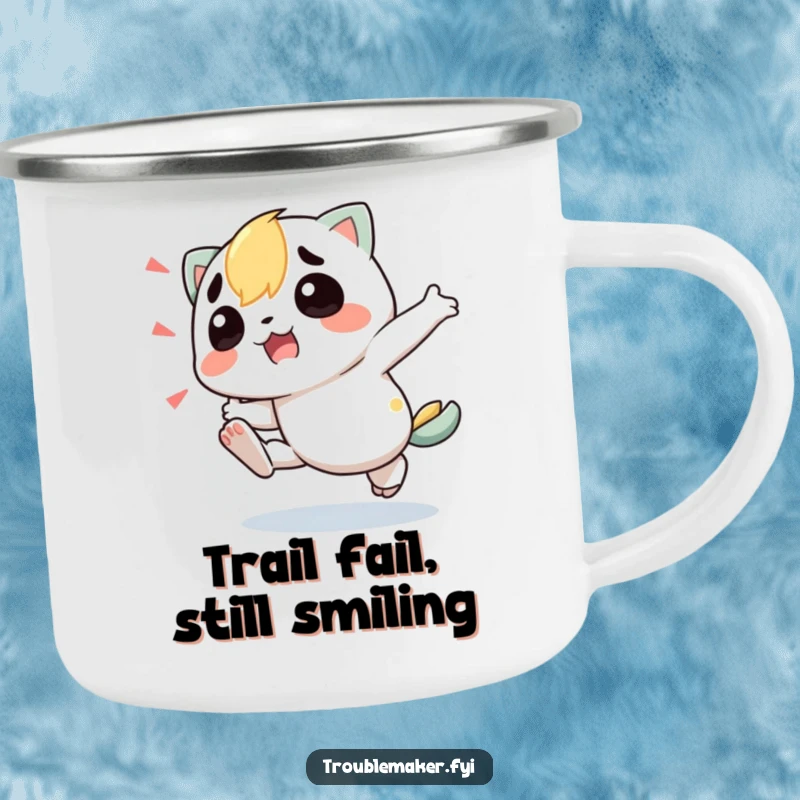 Funny Camping Mug featuring a troublemaker character humorously tripping, ready for your next outdoor escapade and a good laugh.