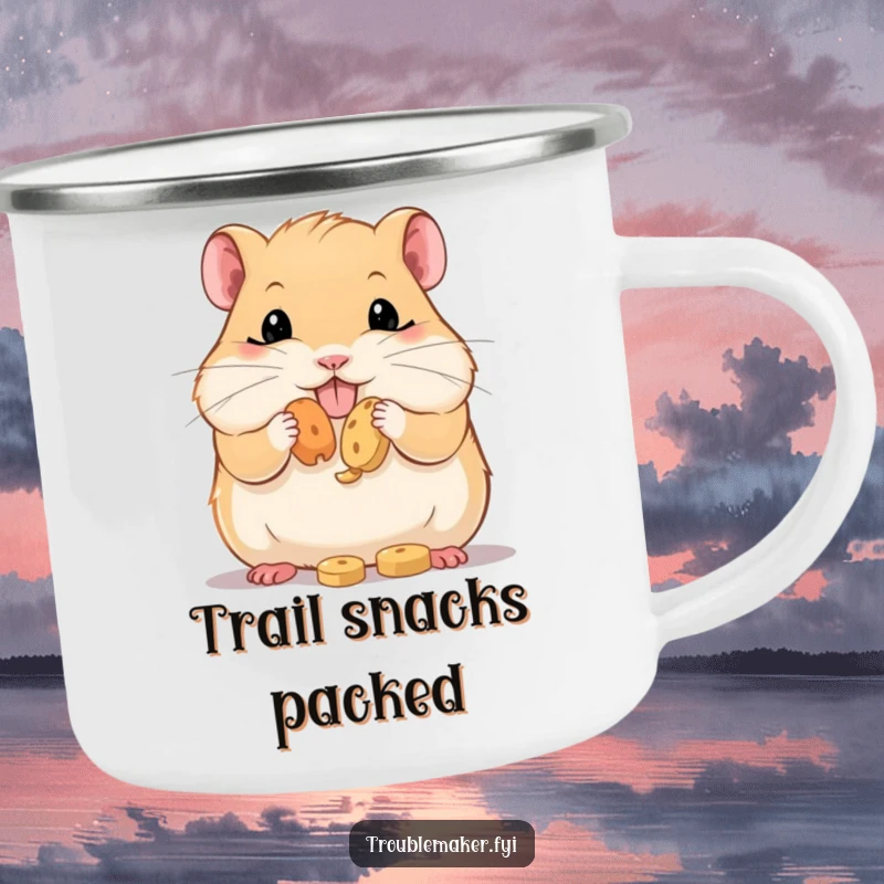 Funny Camping Mug illustration of a resourceful hamster, cheeks bulging with treats, ready for a camping trip, embodying snack-lover spirit and humor.