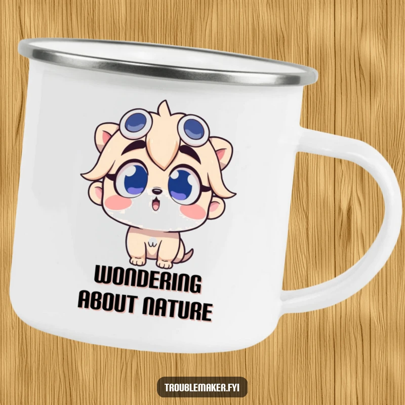 Funny camping mug featuring a troublemaker character looking up with wide, curious eyes, perfect for outdoor exploration.