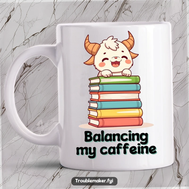 Funny mug depicting a playful horned creature attempting to precariously balance a tall stack of colorful books.