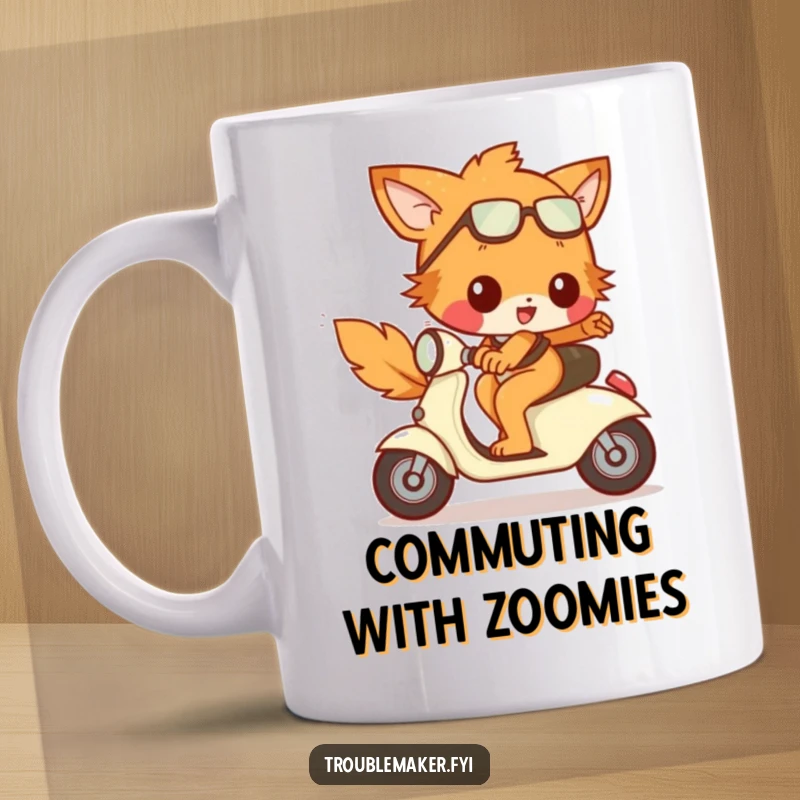 Funny Mug: A trouble maker animal character joyfully rides a tiny, runaway scooter downhill, embodying exhilaration and fun.