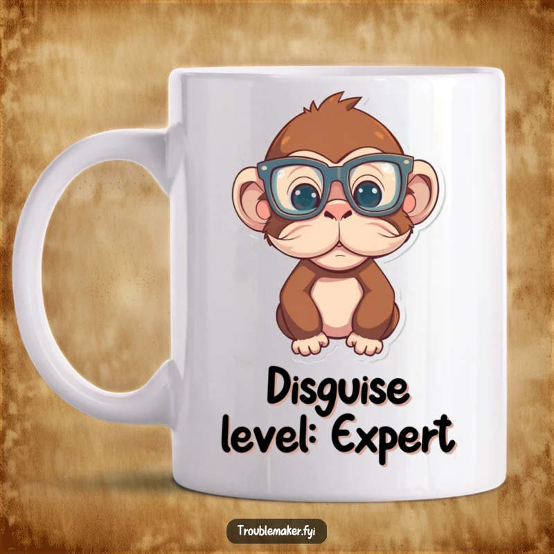 Funny Monkey Mug with oversized glasses and a fake mustache, looking dapper and trying to be incognito, perfect funny gift.