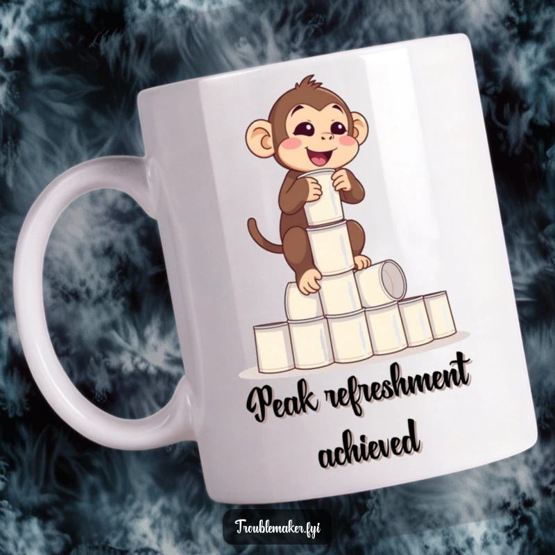 Funny Balance Monkey Mug showing a monkey in precarious balance with a tower of empty cups, symbolizing chaos, perfect funny gift.