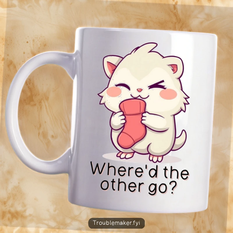 Funny mug of a creature giving a mischievous wink while holding a single, pilfered sock, hinting at laundry day shenanigans.