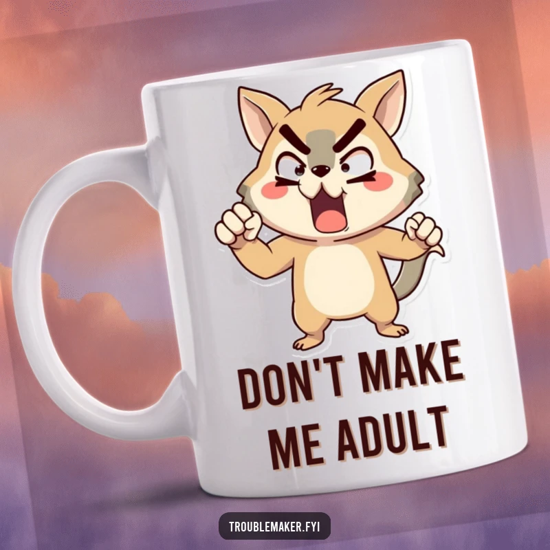 Funny animal character mug striking a comically exaggerated pose of mock defiance, radiating humorous stubbornness.