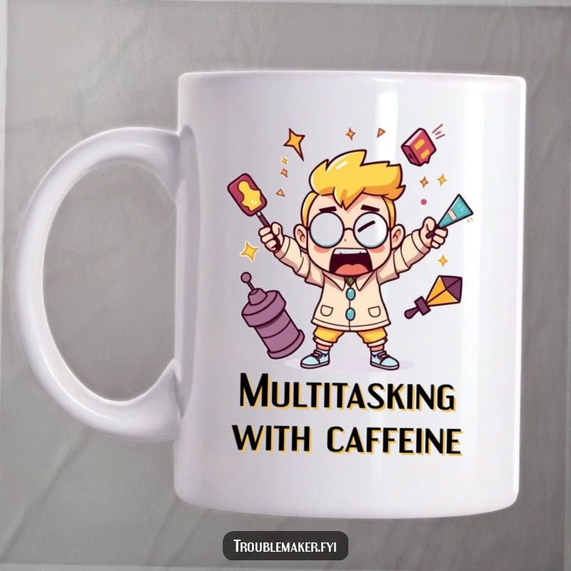 Funny mug depicting a troublemaker character juggling three shiny, chaotic objects with a mischievous expression.