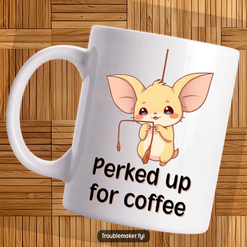 Funny mug depicting a creature with oversized ears playfully swatting at a suspended dangling string with its paw.