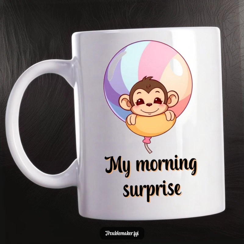 Funny mug featuring a mischievous monkey peeking playfully from behind a giant, colorful balloon, evoking surprise and joy.