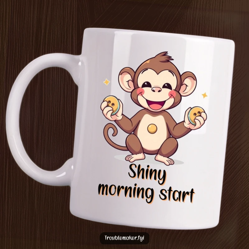 Funny smiling monkey juggling three shiny, stolen buttons on a coffee mug, looking pleased.