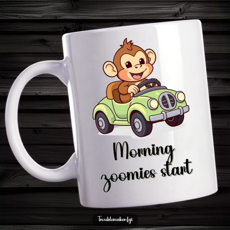 Funny mug showing a monkey character gleefully speeding on a runaway toy car, embodying pure, unadulterated joy and adventure.