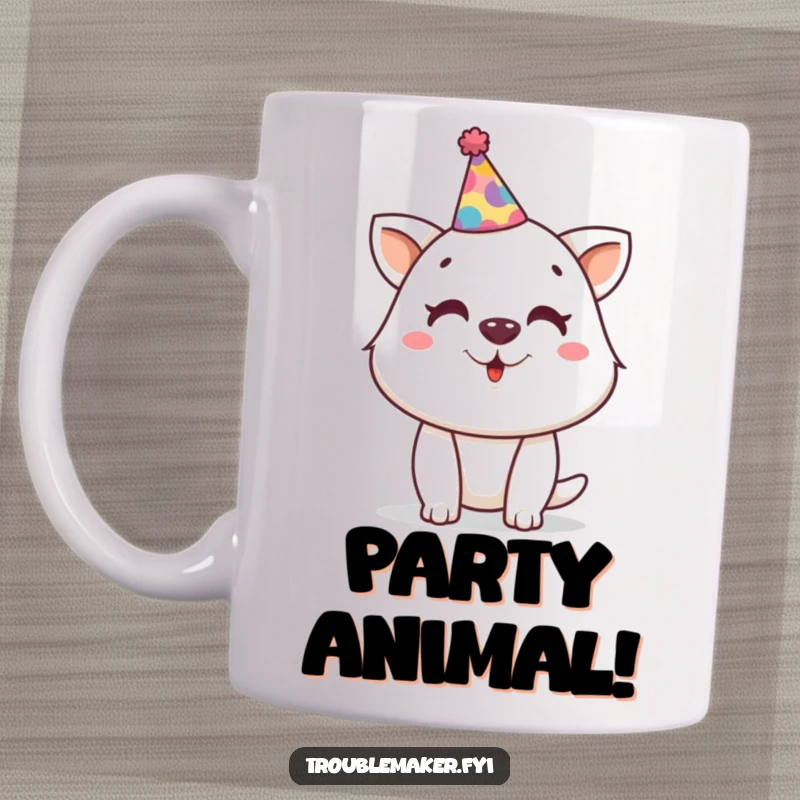 Funny mug with a mischievous animal character wearing a tiny, crooked party hat, ready for a funny celebration.
