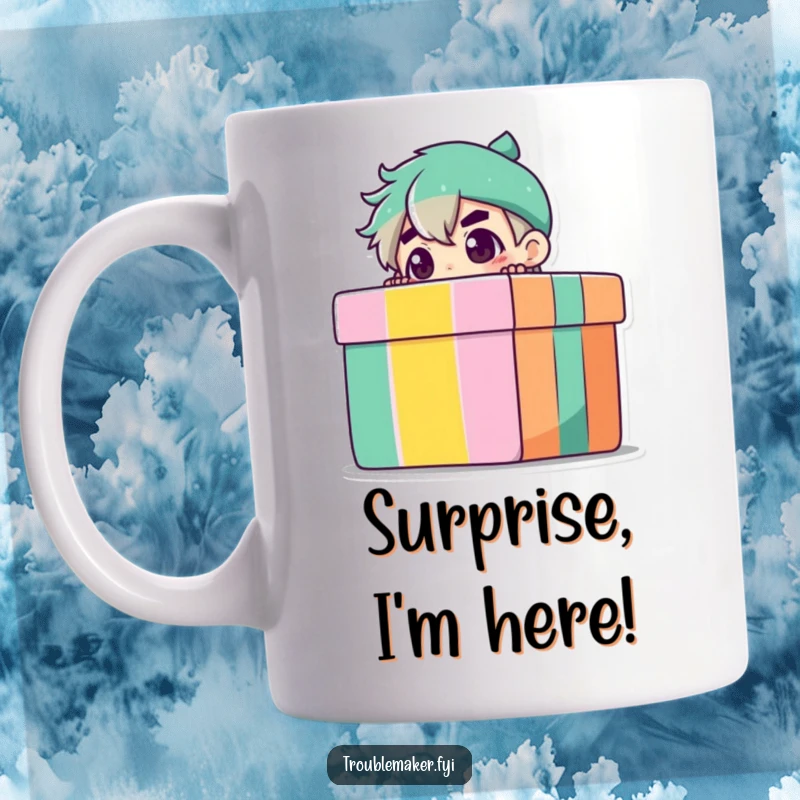 Funny Mug featuring a mischievous troublemaker character playfully peeking from behind a large, colorful gift box, full of anticipation.