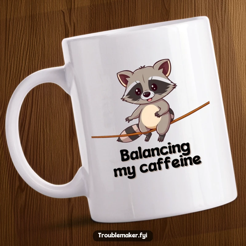 Funny mug featuring a determined raccoon precariously balancing on a tightrope, embodying comical struggle and humor.