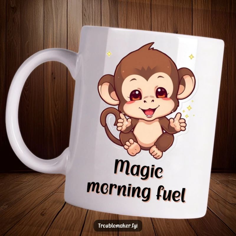 Funny Sparkle Monkey Mug with a mischievous monkey scattering magical sparkles from its hands, creating joy, perfect funny gift.