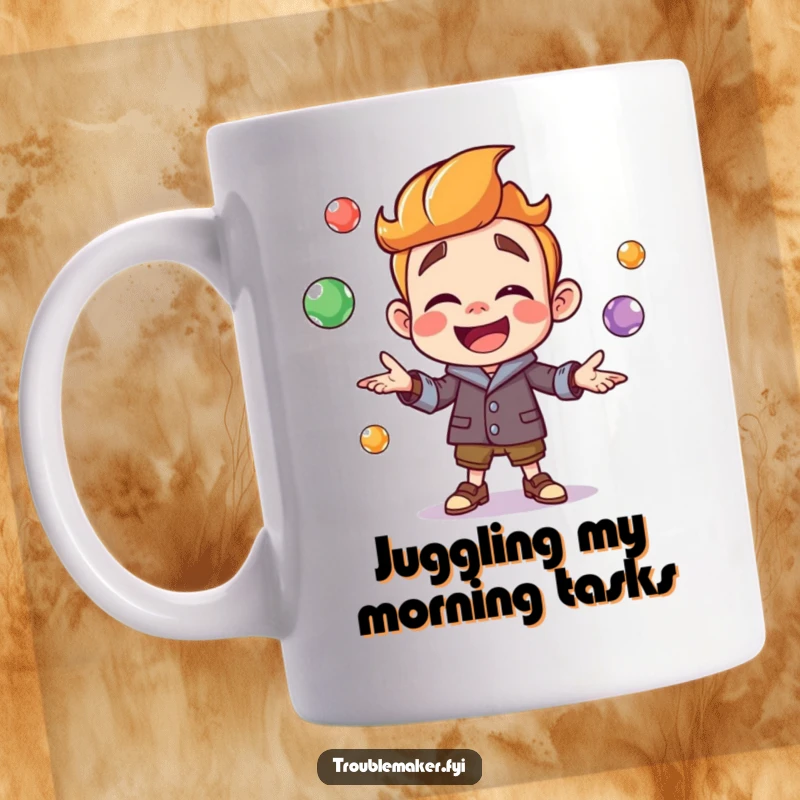 Funny troublemaker character joyfully juggling colorful marbles, depicted on a mug, showcasing playful dexterity and happy energy.
