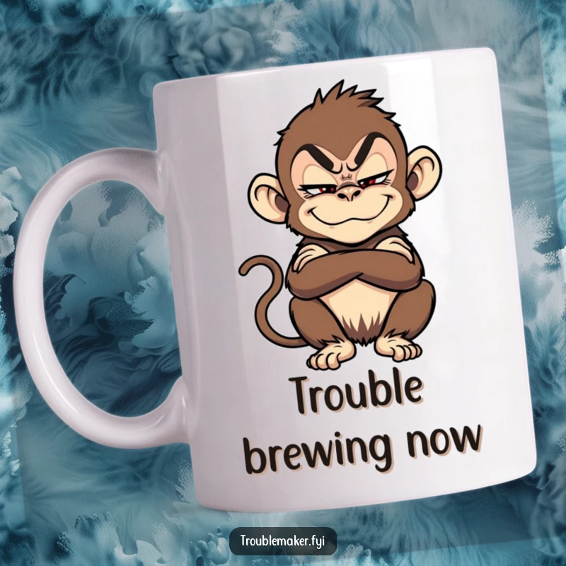 Funny troublemaker monkey with a sly grin and crossed arms, looking mischievous on a coffee mug.