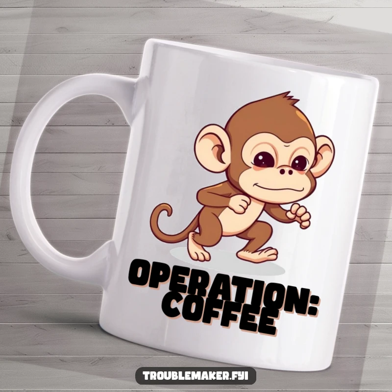 Funny Troublemaker Monkey Mug showing a monkey tiptoeing exaggeratedly, planning mischief, perfect funny gift for stealthy folks.