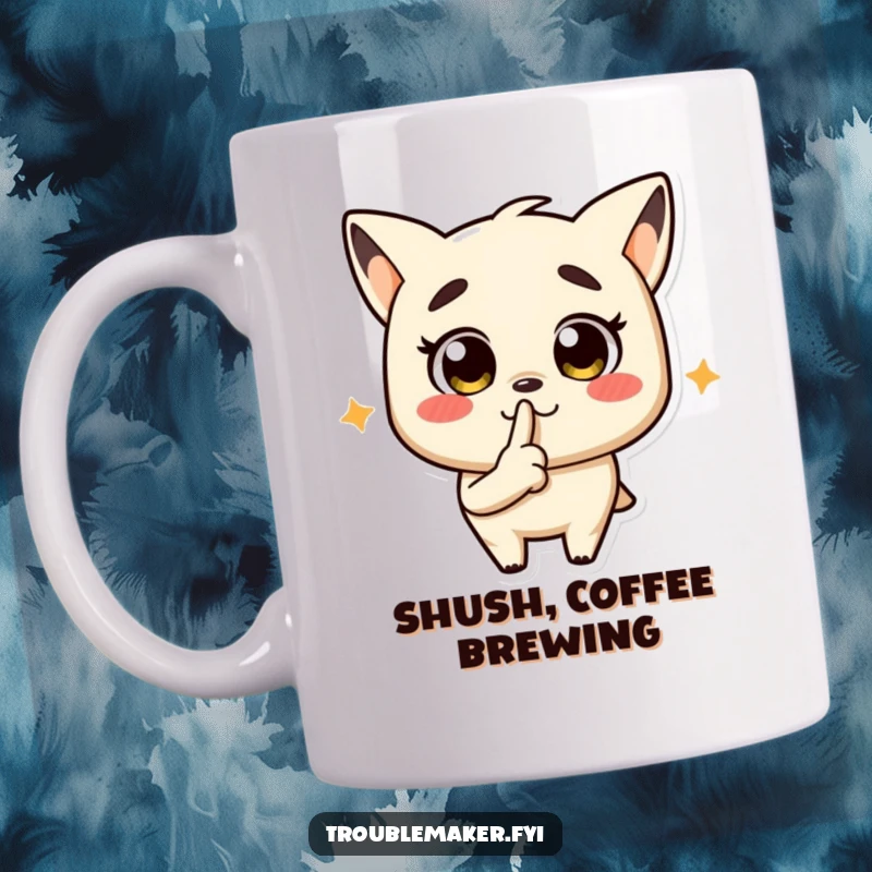 Funny mug with a troublemaker character putting a finger to its lips, doing a shushing gesture.