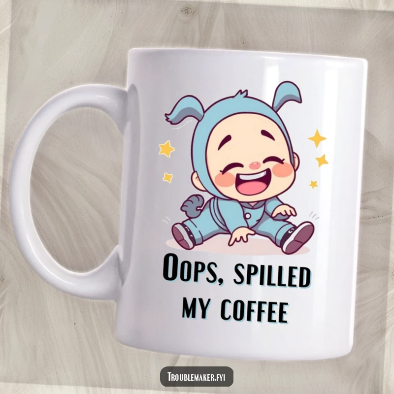 Funny troublemaker character hilariously tripping and falling with a wide, silly grin, captured on a mug, ideal for embracing mishaps.