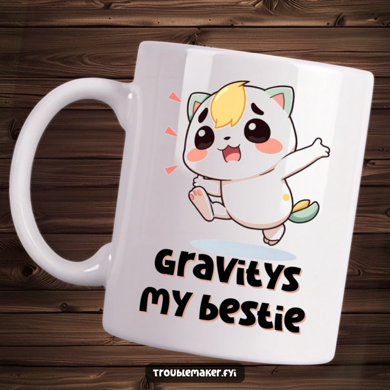 Funny Mug featuring a mischievous troublemaker character playfully tripping over its own feet, embodying pure, unadulterated clumsiness and humor.
