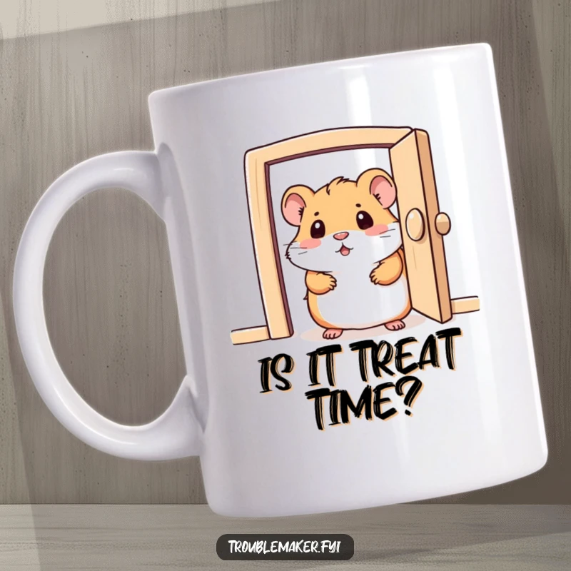 Funny mug with a tiny hamster character peeking with curiosity from a small, partially open door, revealing its playful nature.