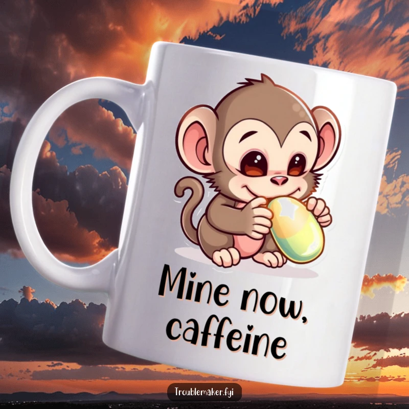 Funny mug with a mischievous monkey creature adorably stealing a shiny object, looking cheeky and delightful for guaranteed smiles.