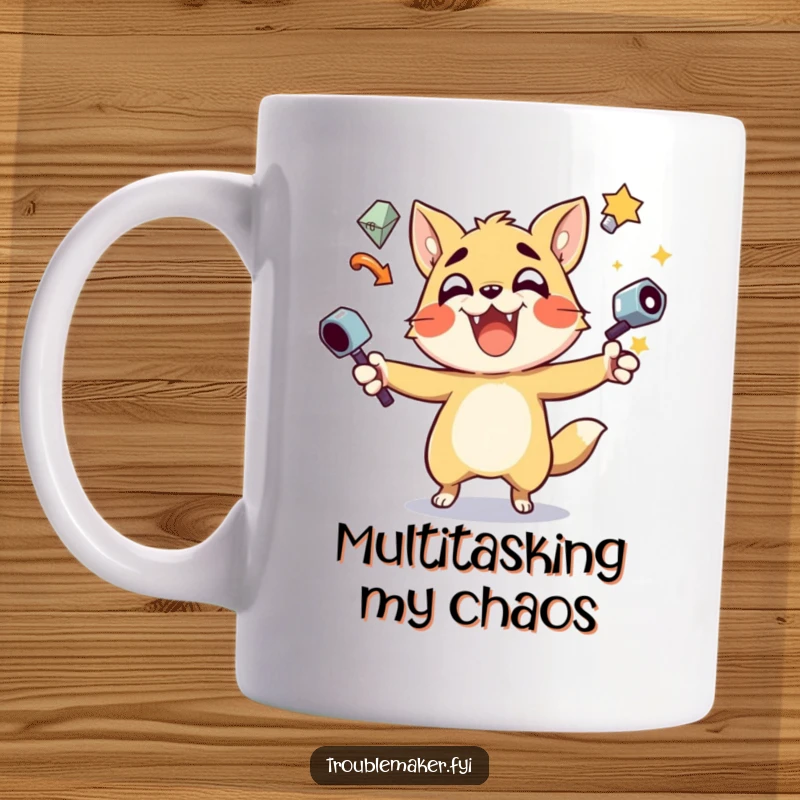 Funny Mug: A trouble maker animal character gleefully juggles several shiny objects, showcasing delightful chaos and skill.